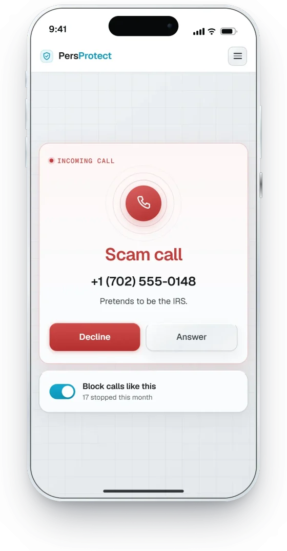 Phone showing an incoming call labelled as a scam pretending to be the IRS