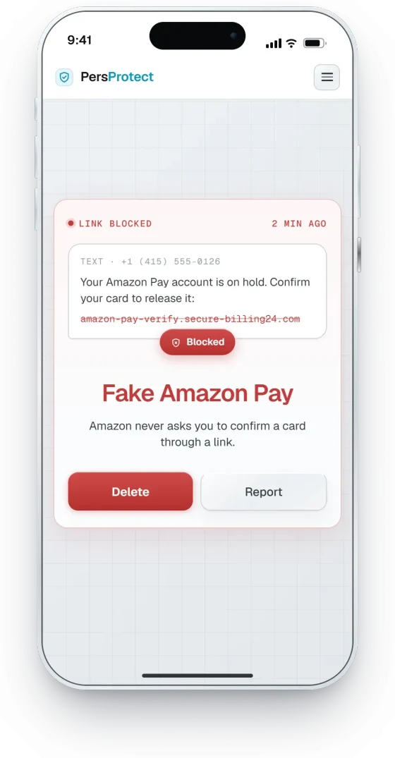 Phone showing a blocked link: a fake Amazon Pay text asking to confirm a card