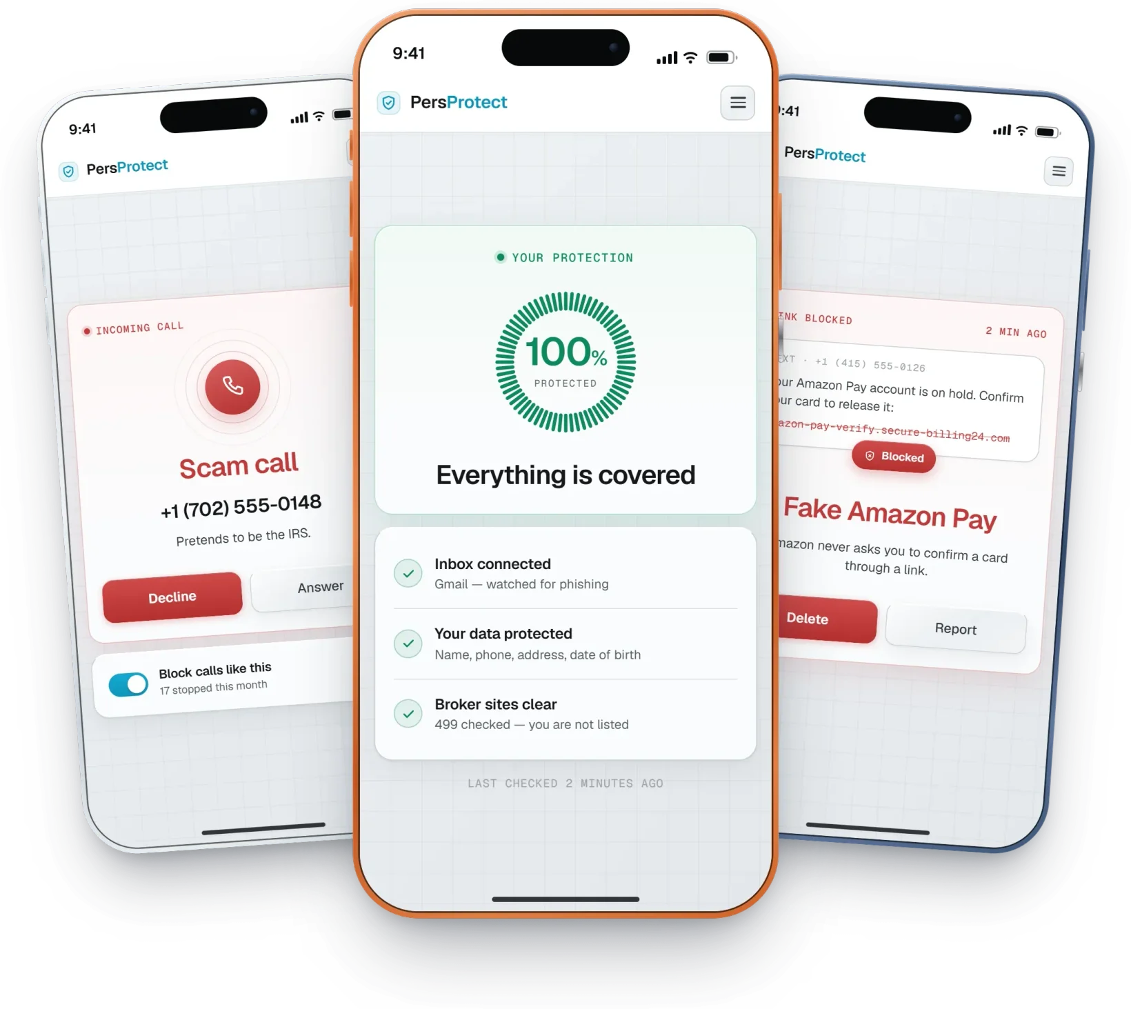 Three phones: a scam call being declined, the protection score at 100%, and a fake Amazon Pay link blocked