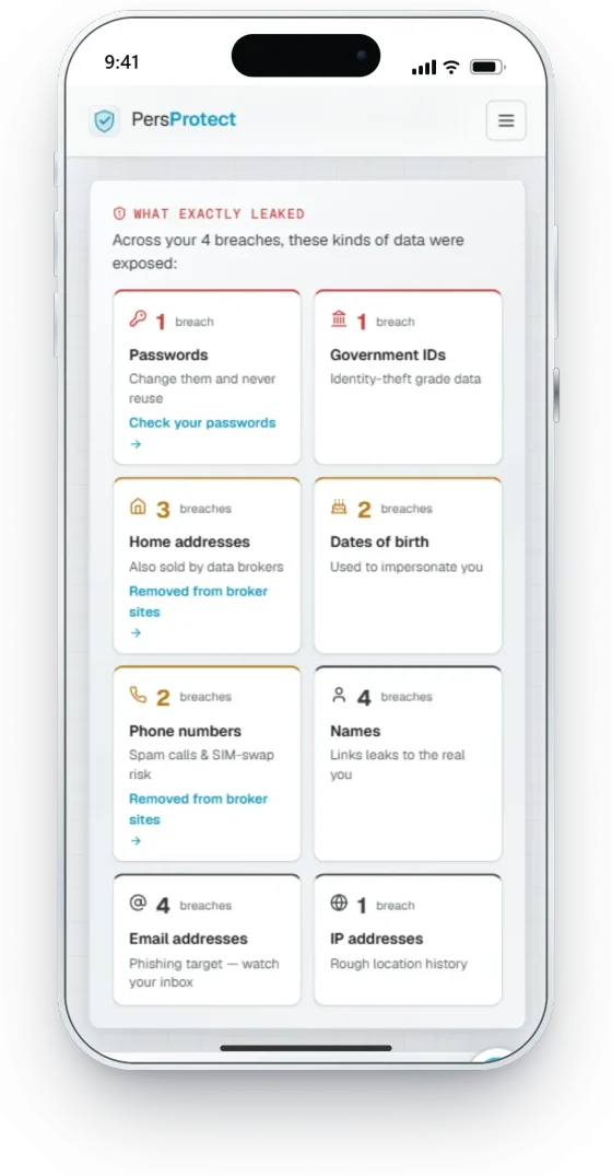 Phone showing a breakdown of what leaked: passwords, government IDs, home addresses, phone numbers